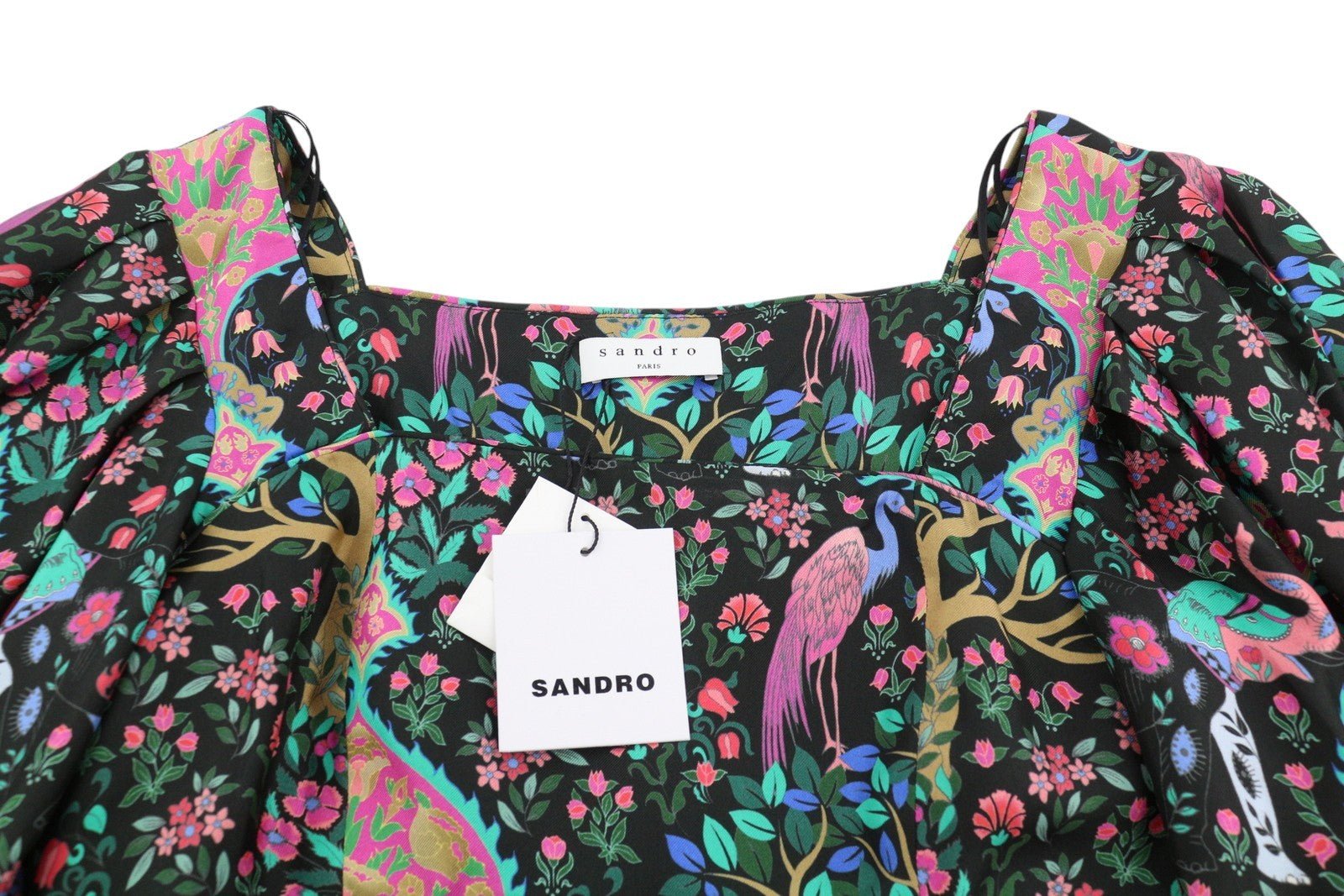 SANDRO Women Blouse 0 XS Colourful Silk Square Neckline Cropped Balloon Sleeve
