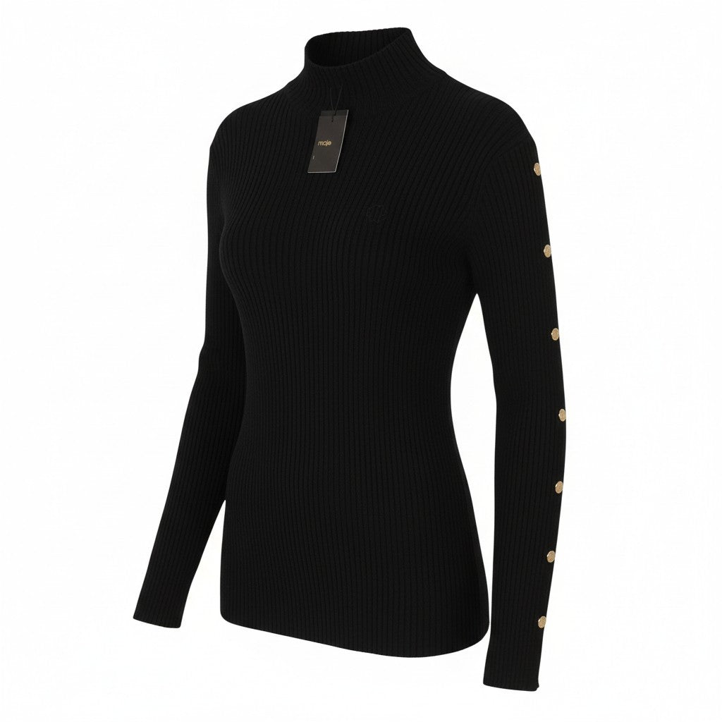 MAJE Modo Women Jumper 1 S Black Wool Blend Close-Fitting Openwork Sleeve RRP215