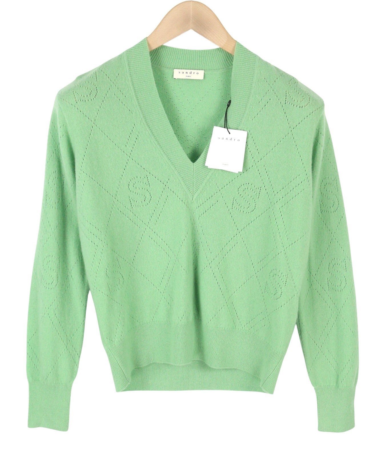 SANDRO Joseph Women Jumper 0 XS Green Wool Cashmere Knit Soft V-Neck RRP255