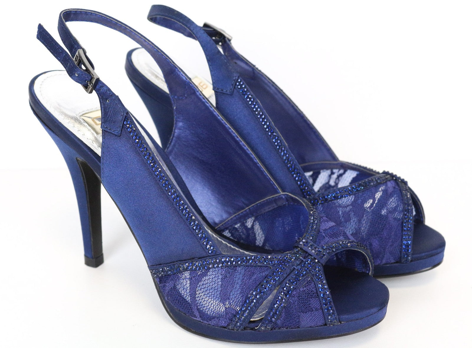 06 THE GOLDEN EDITION Women's Blue Heels EU37 Rhinestone Lace Open Toe Shoes