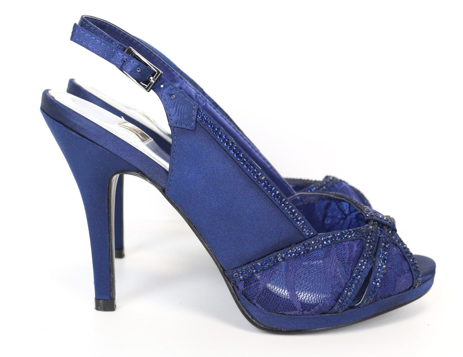 06 THE GOLDEN EDITION Women's Blue Heels EU37 Rhinestone Lace Open Toe Shoes