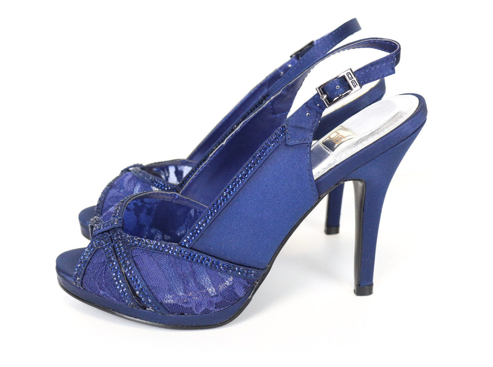 06 THE GOLDEN EDITION Women's Blue Heels EU37 Rhinestone Lace Open Toe Shoes