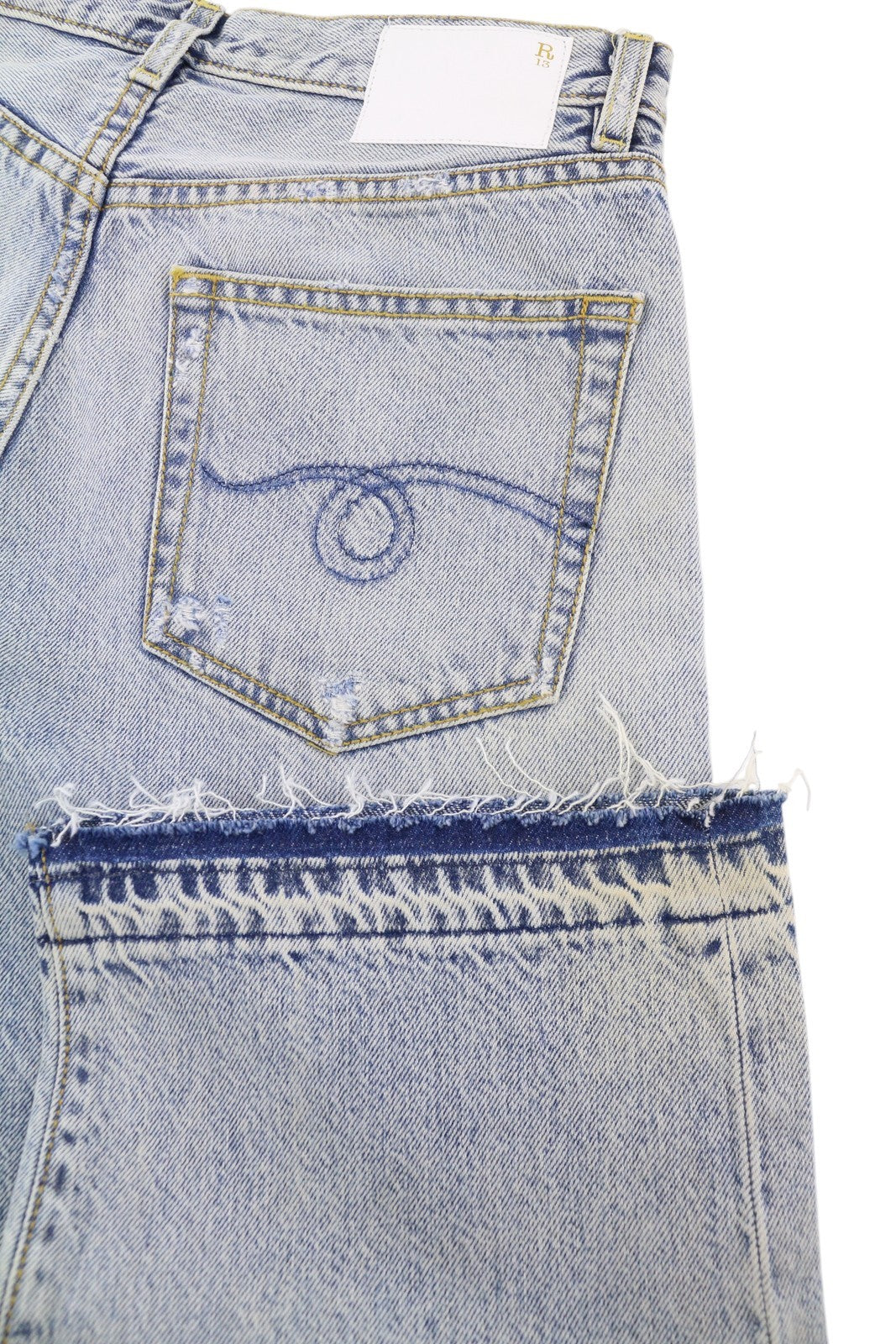 R13 Camille moteriški džinsai, 27 Leyton mėlyni, išblukę, apdriskę, trumpi iki kulkšnies. 