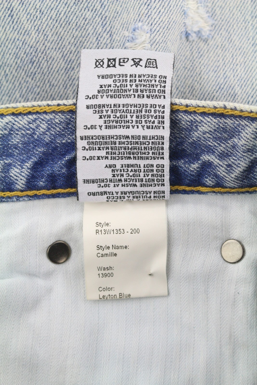 R13 Camille moteriški džinsai, 27 Leyton mėlyni, išblukę, apdriskę, trumpi iki kulkšnies. 