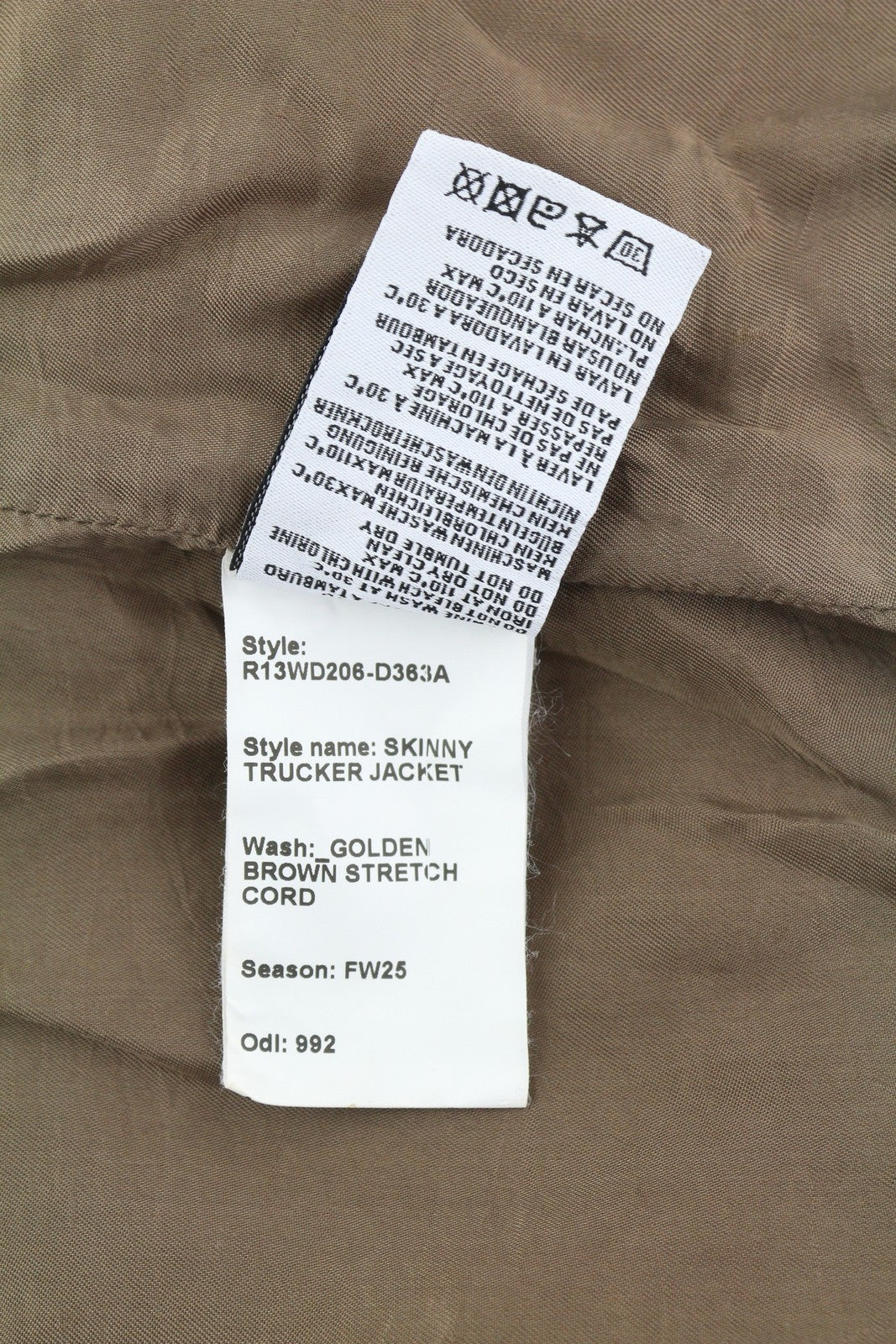 R13 Skinny Trucker Women Jacket M Golden Brown Stretch Cord Faded FW25 RRP1199