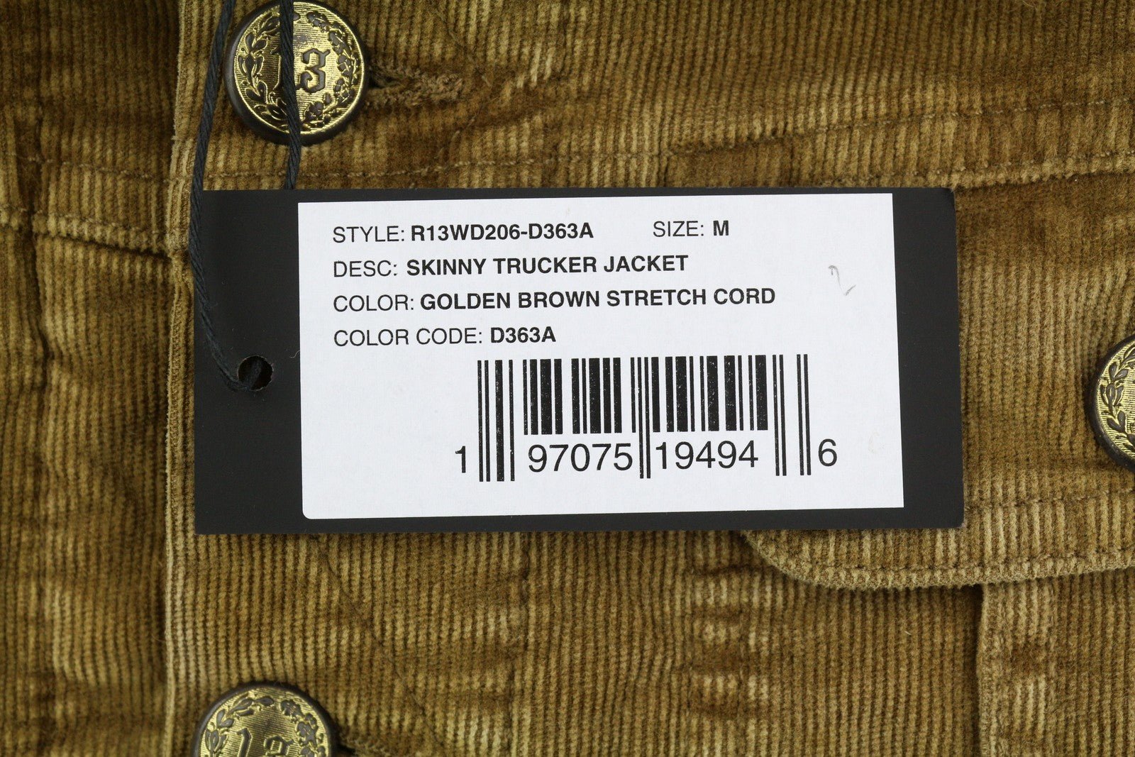 R13 Skinny Trucker Women Jacket M Golden Brown Stretch Cord Faded FW25 RRP1199