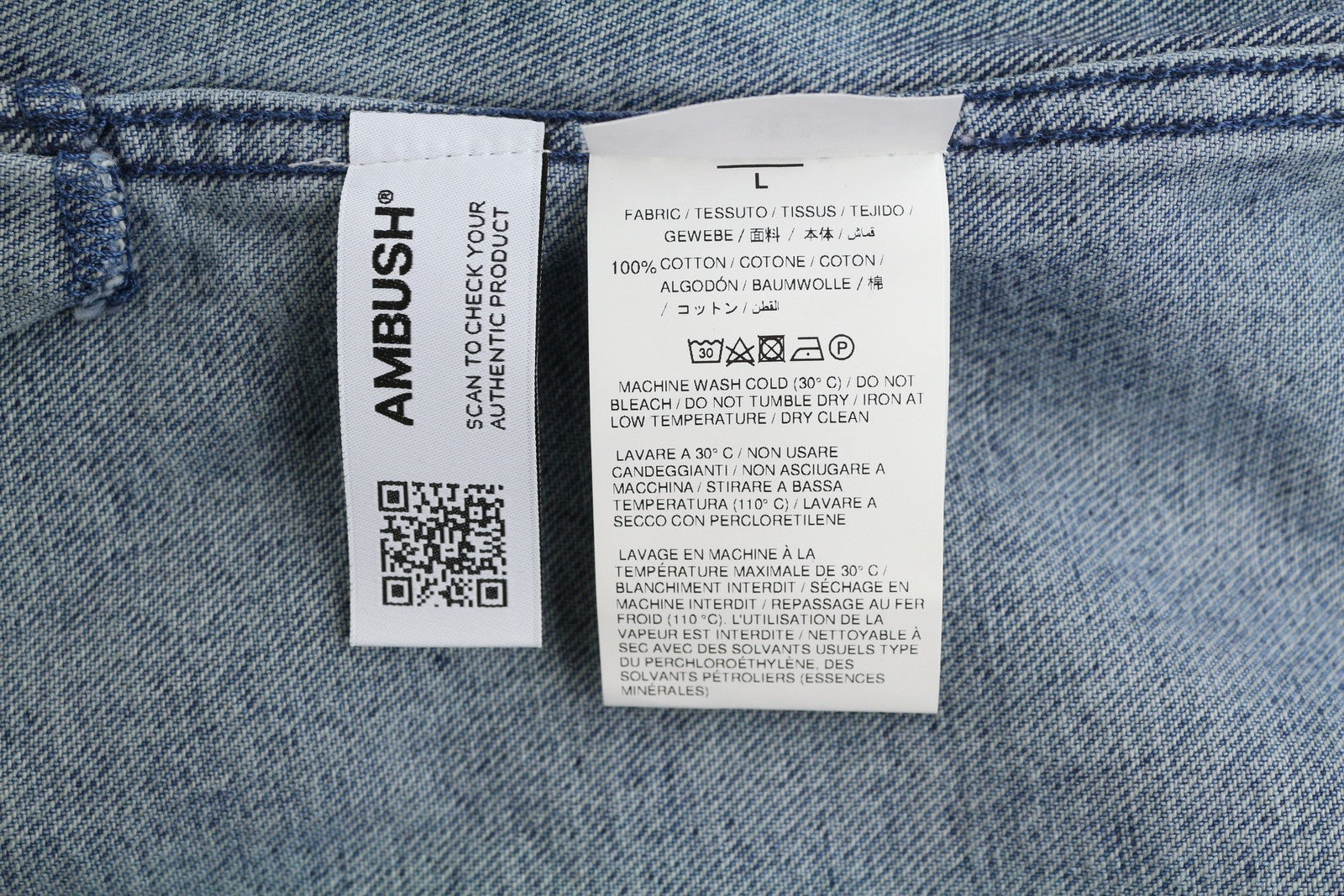 AMBUSH Men Jacket L Denim Blue Faded Patch Pockets Zipper Oversized Lightweight