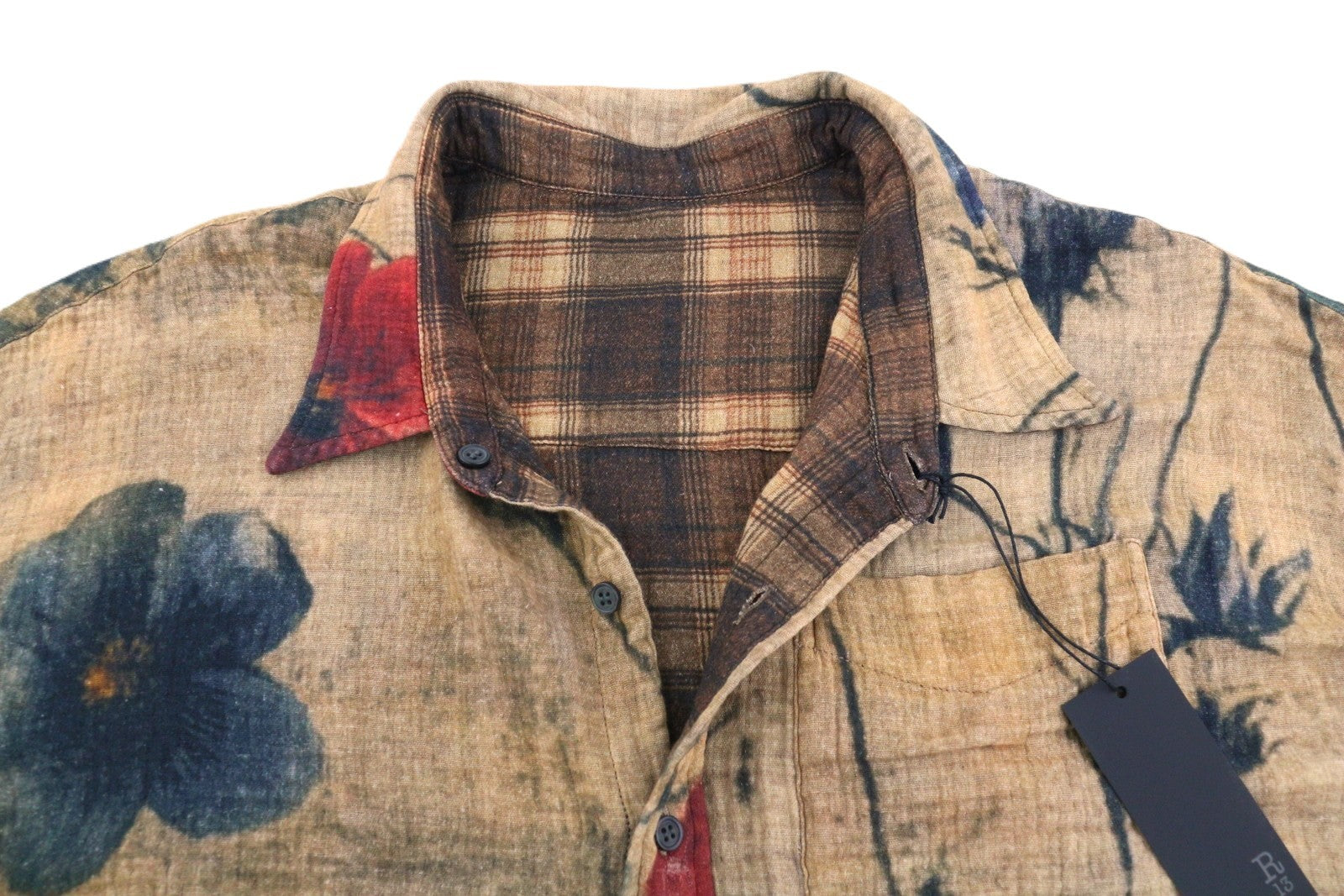 R13 Reversible Drop Neck Women Shirt S Plaid With Khaki Floral PF25 RRP1045