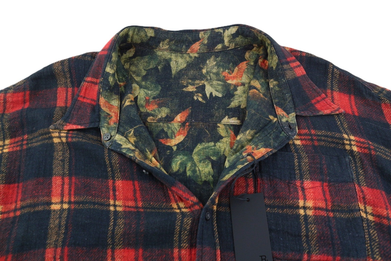 R13 Reversible Drop Neck Women Shirt S Red Plaid With Leaf Camo FW25 RRP1045