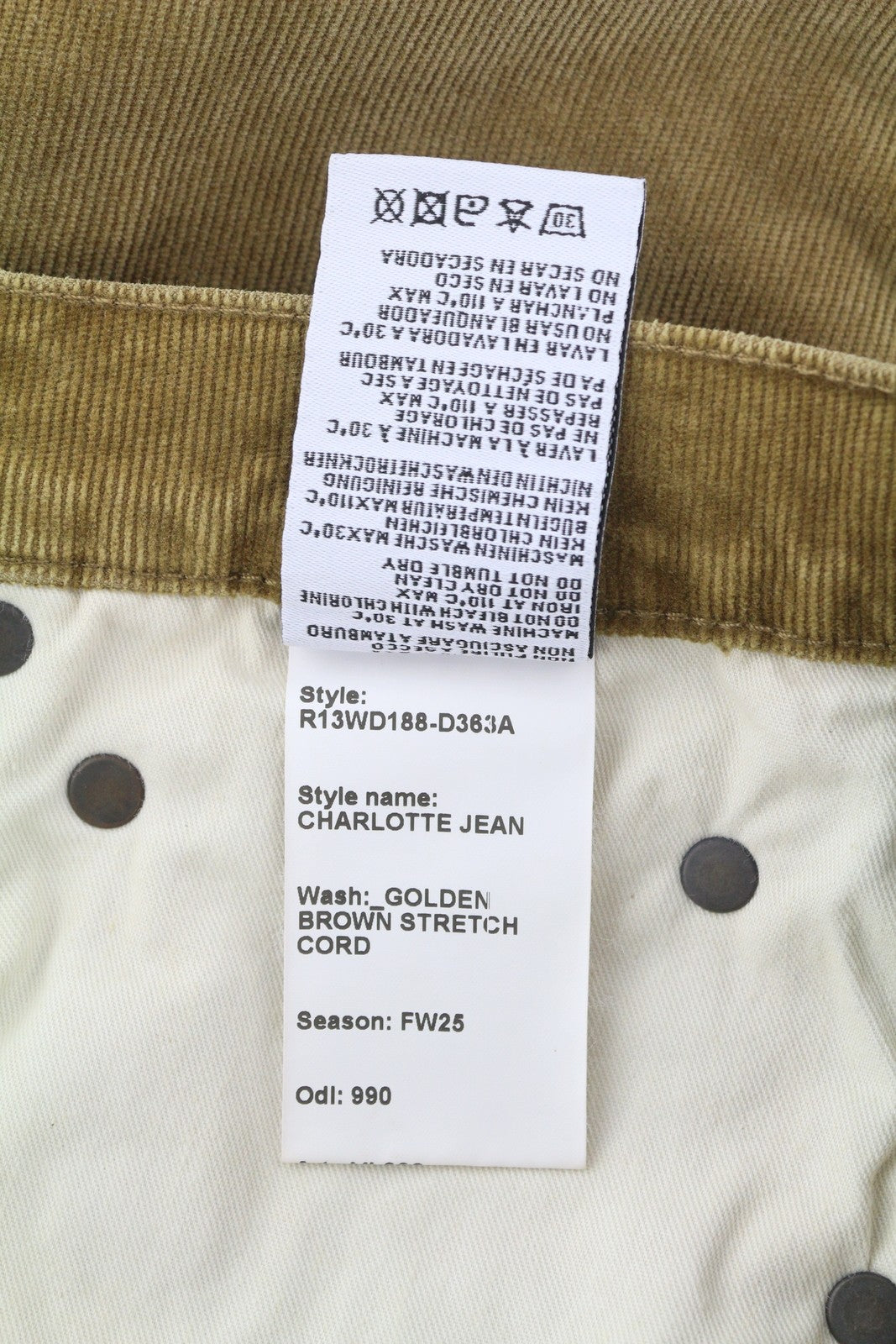 R13 Charlotee Women Trousers 30 Golden Brown Stretch Cord Faded FW25 RRP799