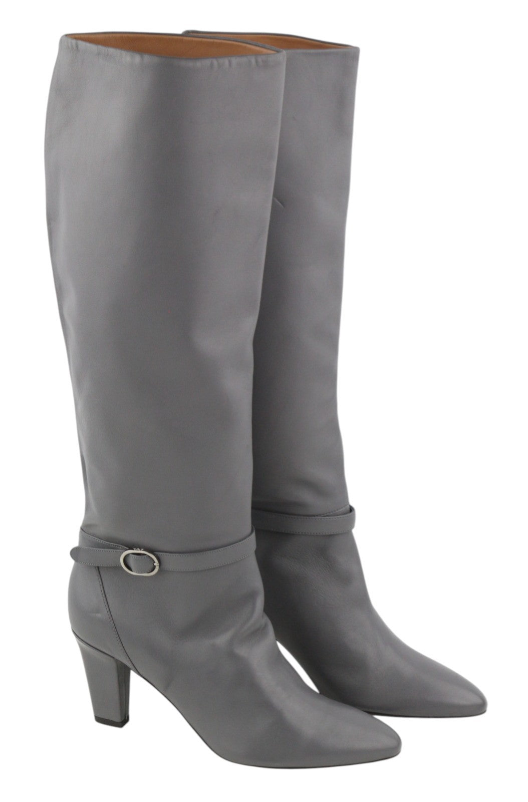 EMPORIO ARMANI Women's EU37 Grey Leather Almond-Toe Buckle Heel Boots