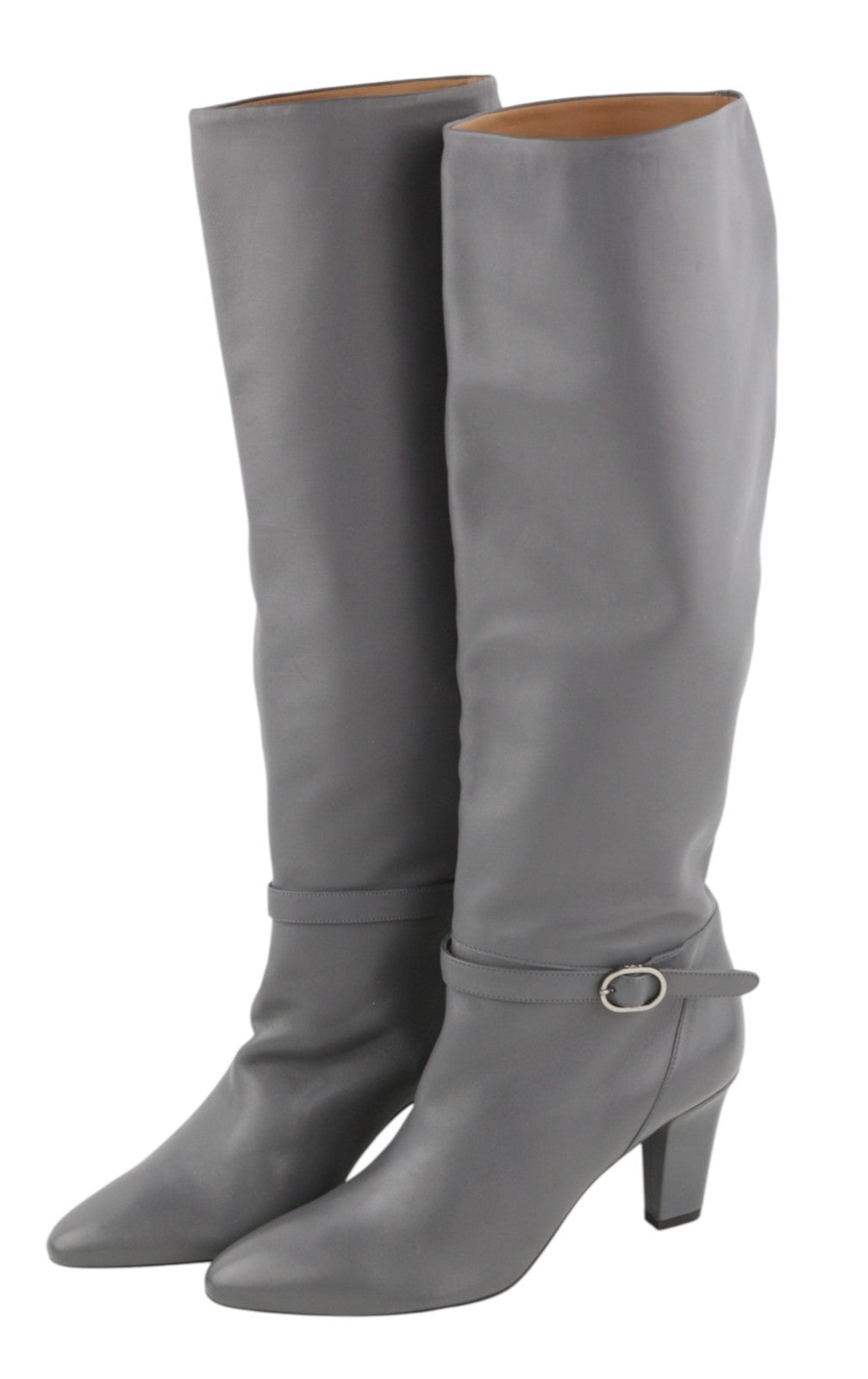 EMPORIO ARMANI Women's EU37 Grey Leather Almond-Toe Buckle Heel Boots