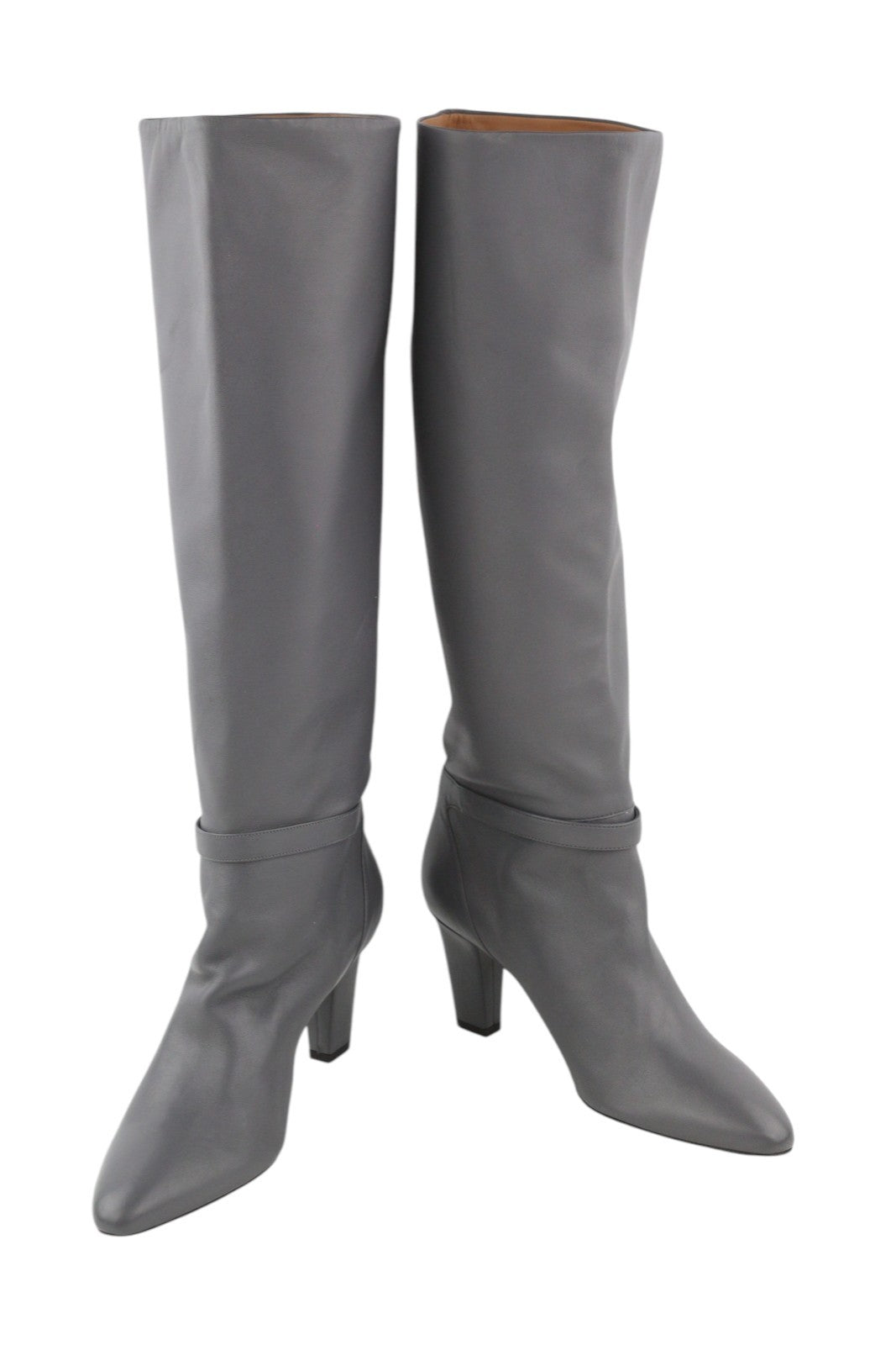 EMPORIO ARMANI Women's EU37 Grey Leather Almond-Toe Buckle Heel Boots