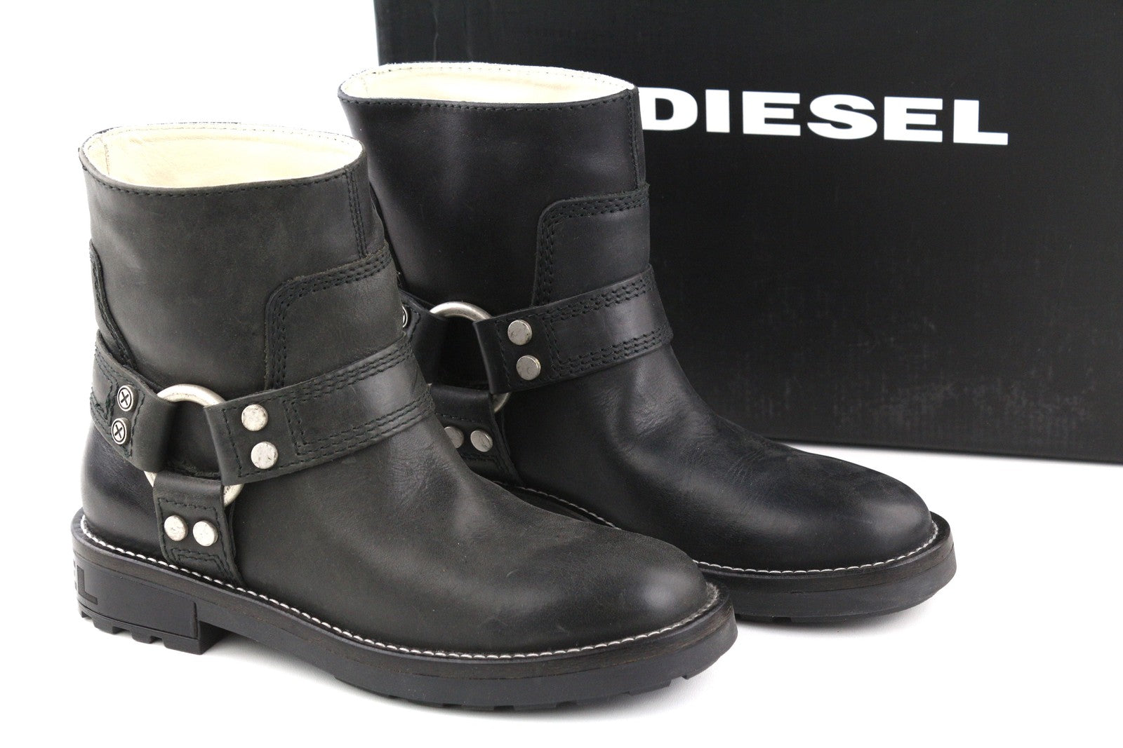 DIESEL D-Throuper Women's EU37 Black Leather Pull-On Detailed Boots RRP€280