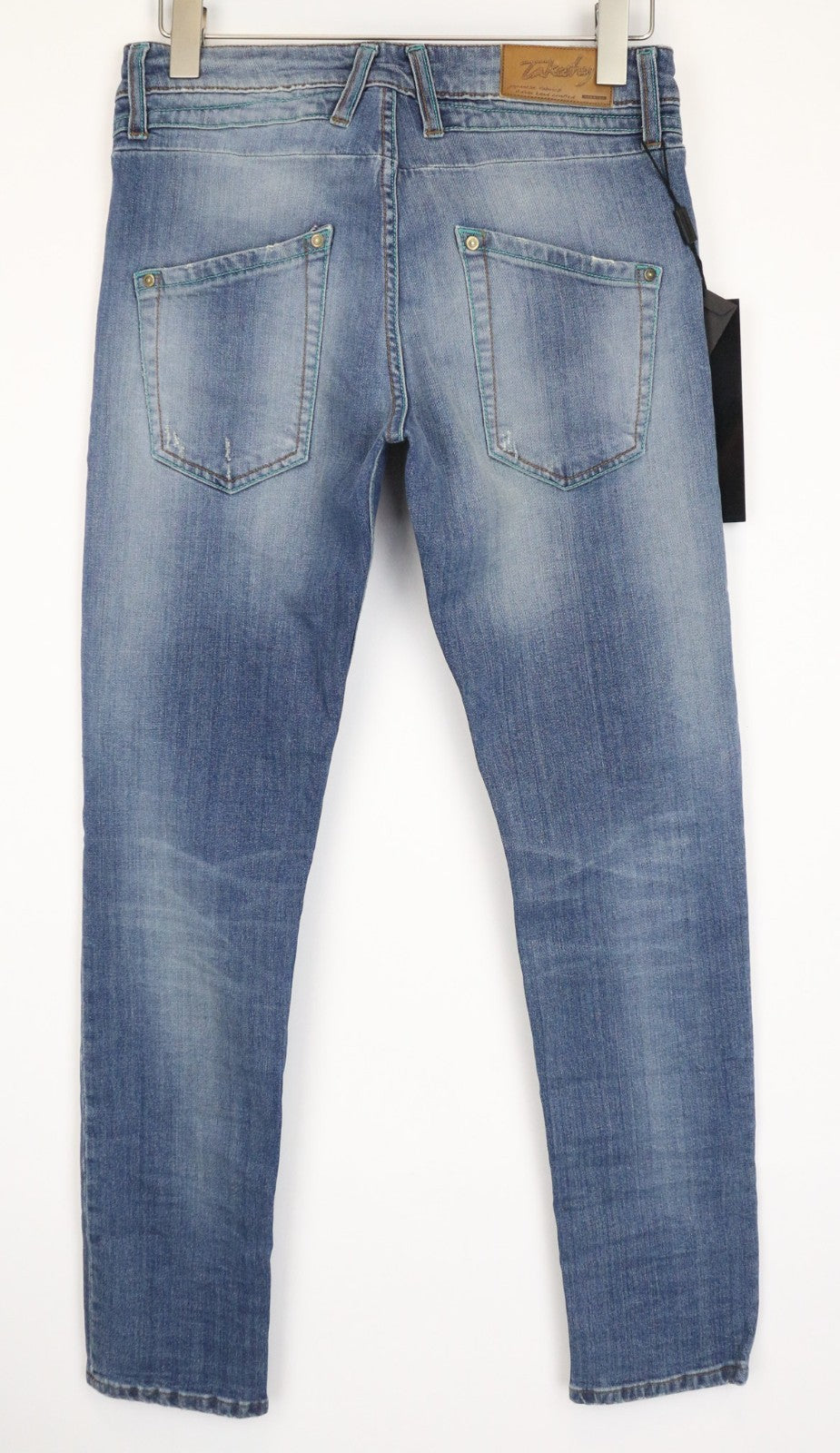 TAKESHY KUROSAWA TK75 vyriški džinsai W34 mėlyni, tamprūs, ploni, su sagomis, dirbtinio apnašų rašto