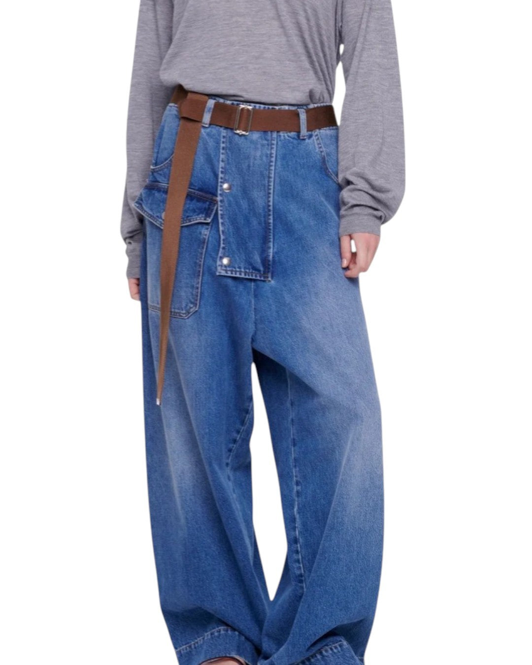 PLAN C Women Jeans 34 Blue Faded Cargo Wide Fit Denim Snap Details RRP579