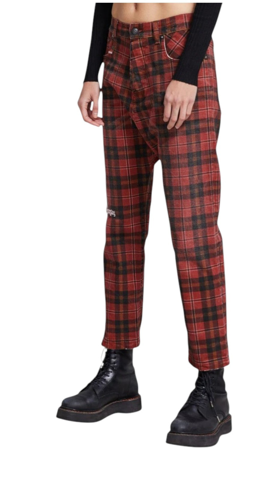 R13 Tailored Drop Women Trousers 27 Ash Red Plaid Ankle Relaxed Cut RRP710
