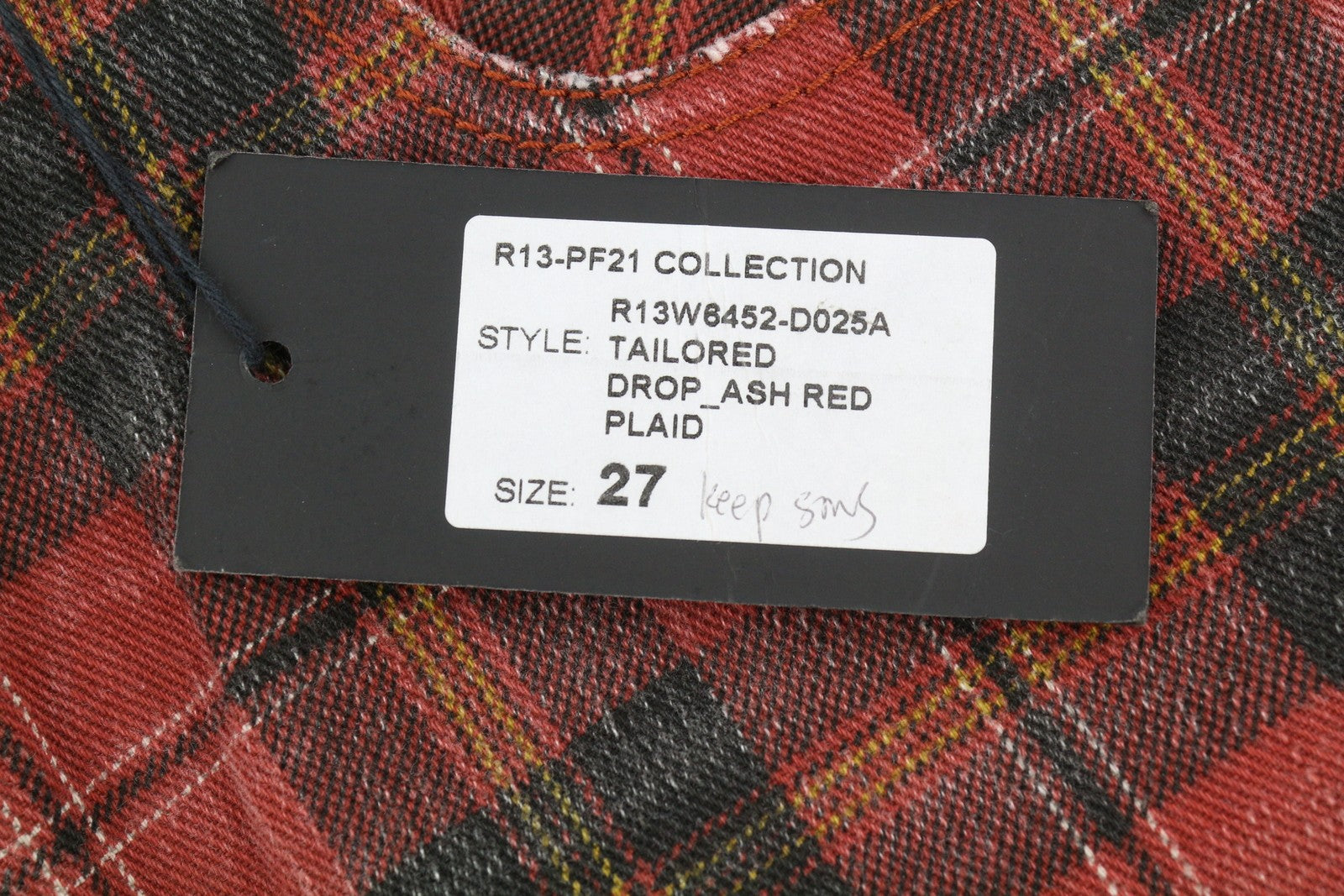 R13 Tailored Drop Women Trousers 27 Ash Red Plaid Ankle Relaxed Cut RRP710