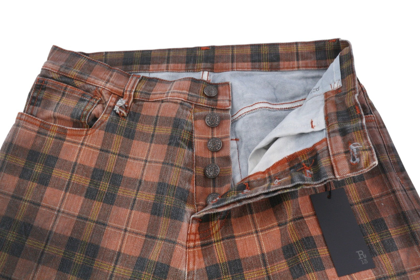 R13 Tailored Drop Women Trousers 27 Ash Red Plaid Cropped Ankle Relaxed Fit