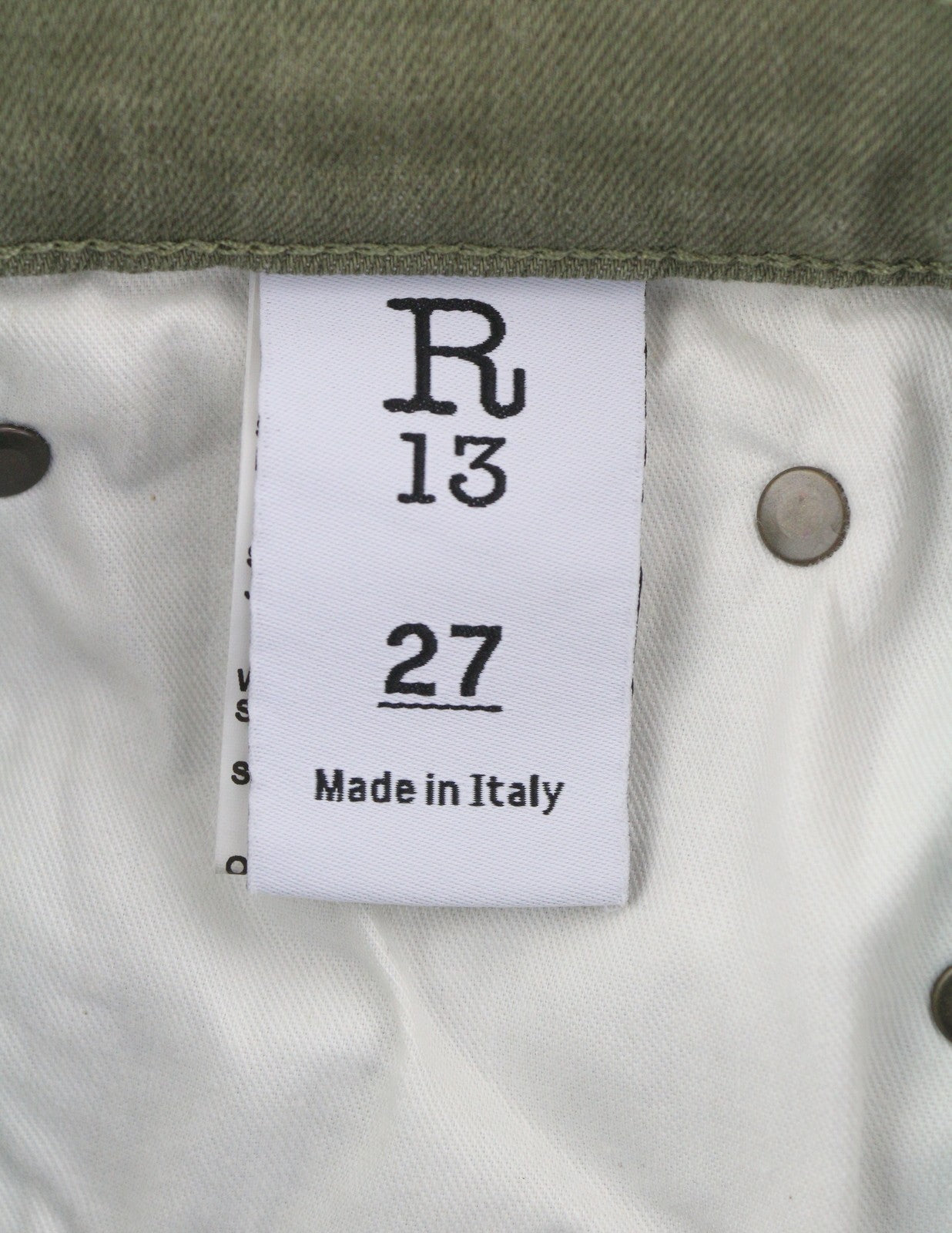 R13 Jane Women Jeans 27 Olive Green Stretch High Rise Faded Straight RRP549