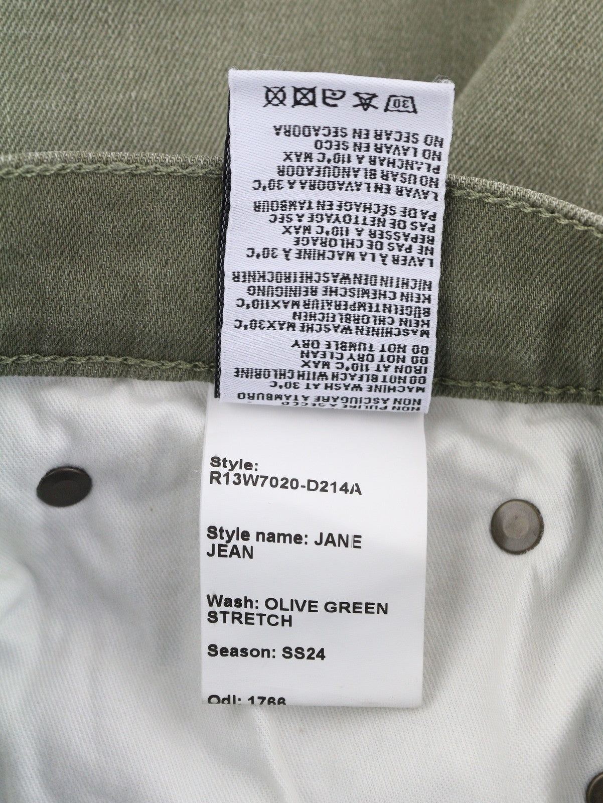 R13 Jane Women Jeans 27 Olive Green Stretch High Rise Faded Straight RRP549