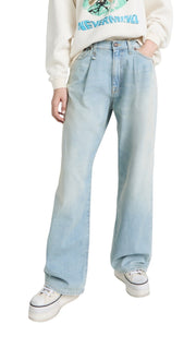 R13 Damon Pleated Women Jeans 23 Faded Blue Stretch Washed Wide Leg RRP595