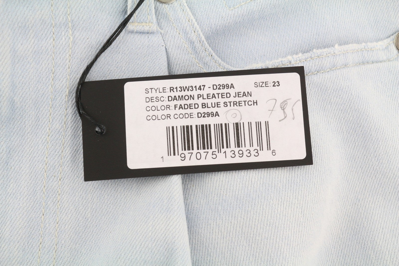 R13 Damon Pleated Women Jeans 23 Faded Blue Stretch Washed Wide Leg RRP595