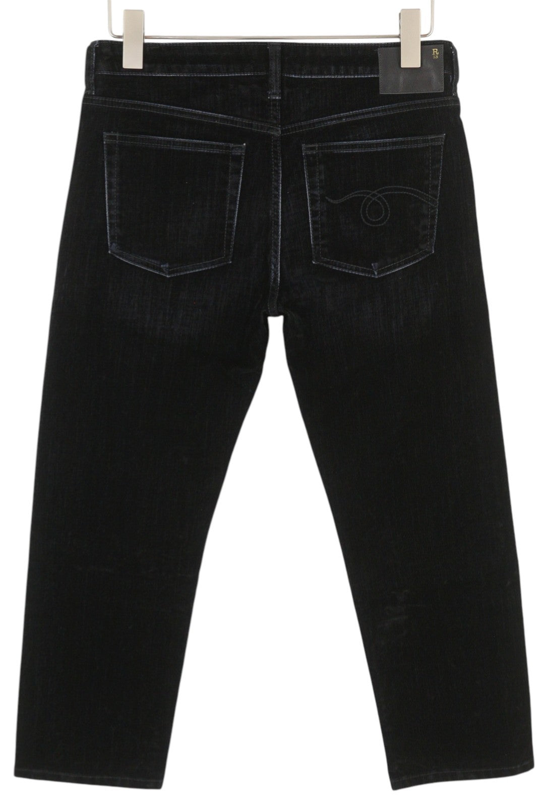 R13 Boy Straight Women Trousers 27 Flocked Black Velvet Cropped Ankle Zip Fly