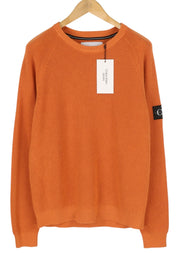 CALVIN KLEIN Badge Easy Men Jumper XL Orange Cotton Waffle Knit Crew Pullover