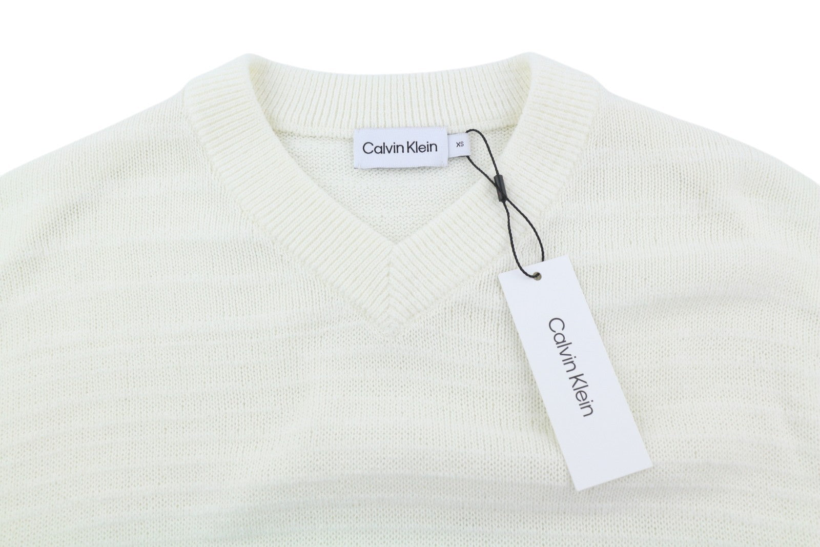 CALVIN KLEIN Tape Yarn Vn Men Jumper XS White Textured Knit V Neck Pullover