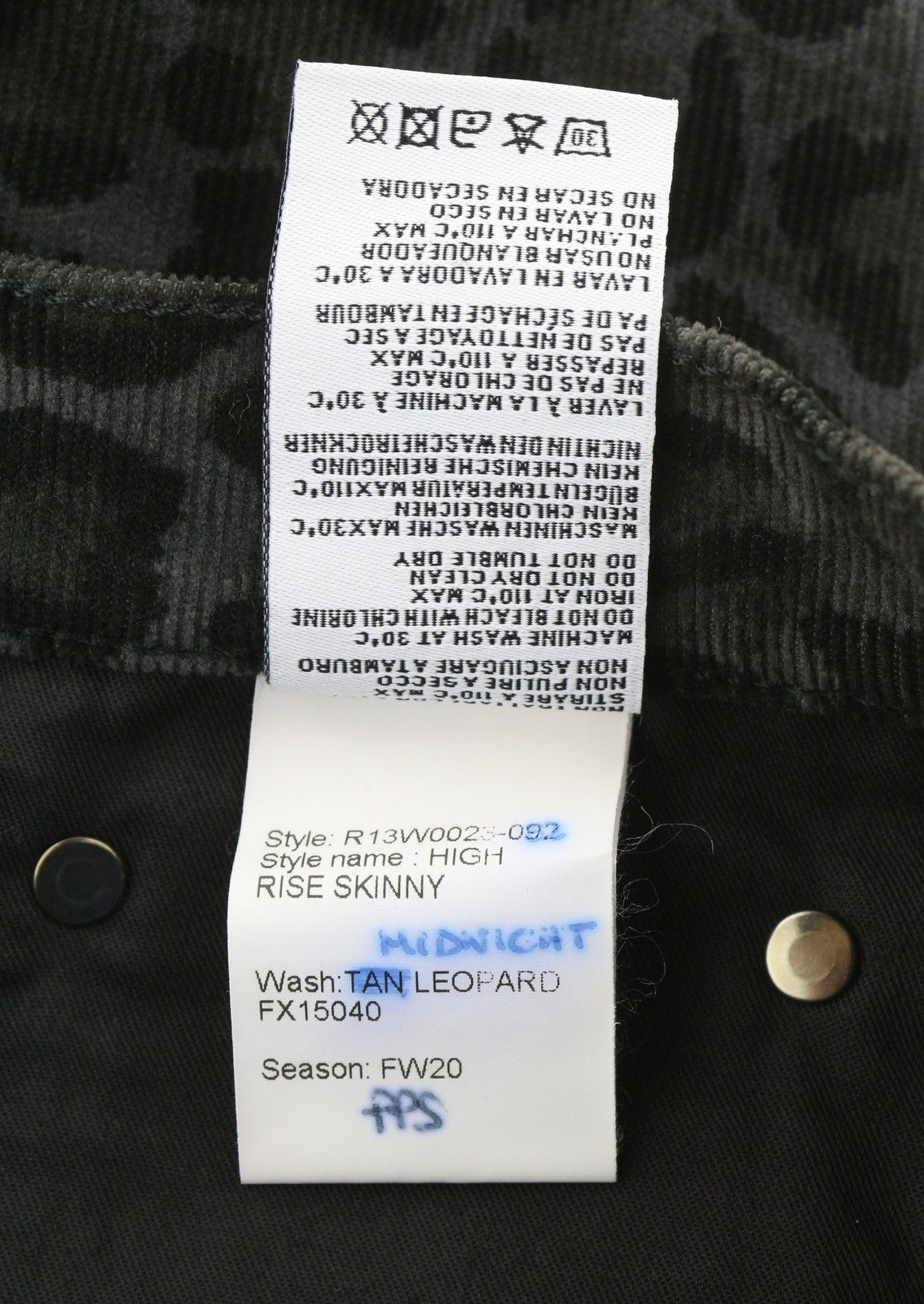 R13 High Rise Skinny Women Trousers 27 Midnight Leopard Corduroy Zip Fly Grey