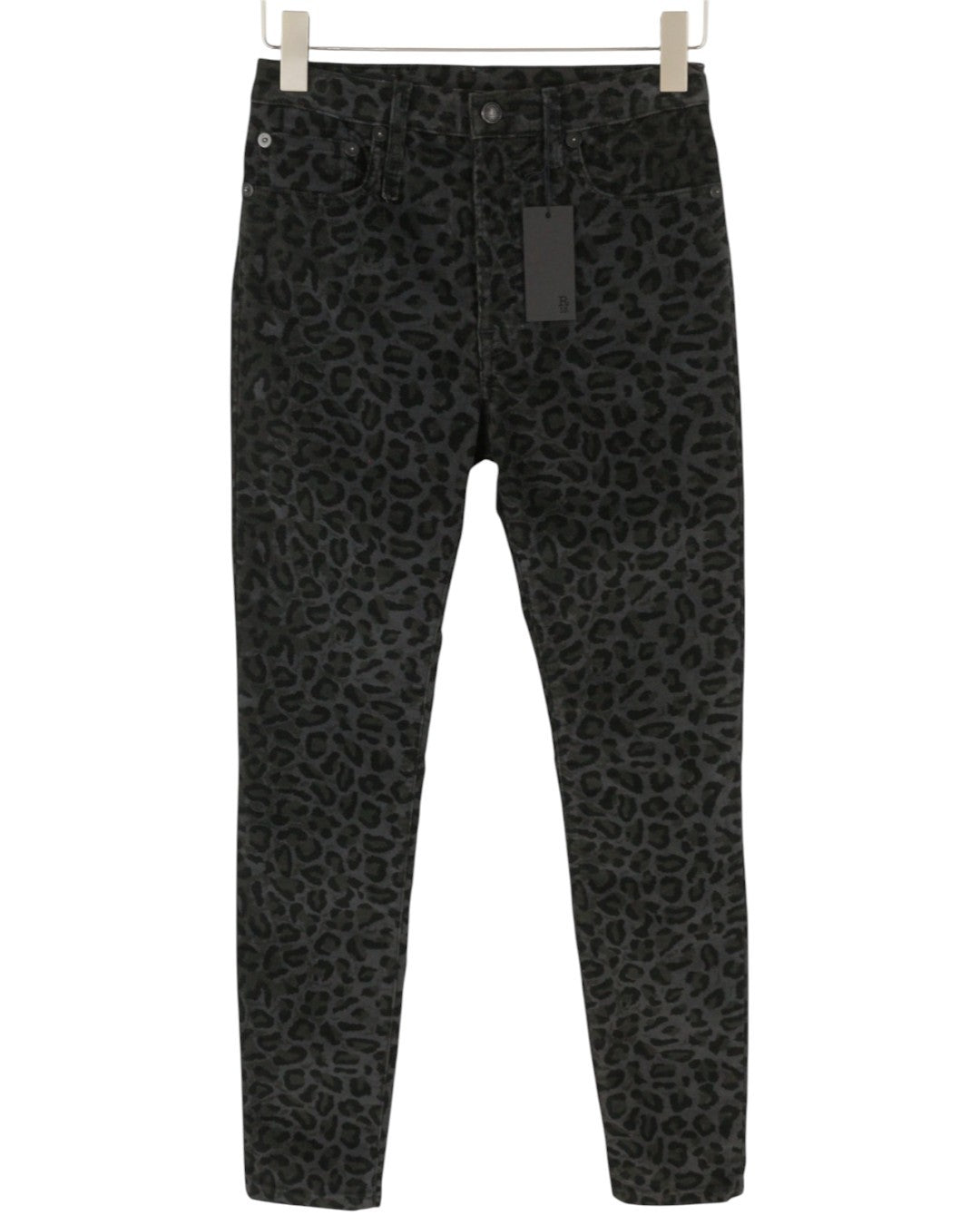 R13 High Rise Skinny Women Trousers 27 Midnight Leopard Corduroy Zip Fly Grey