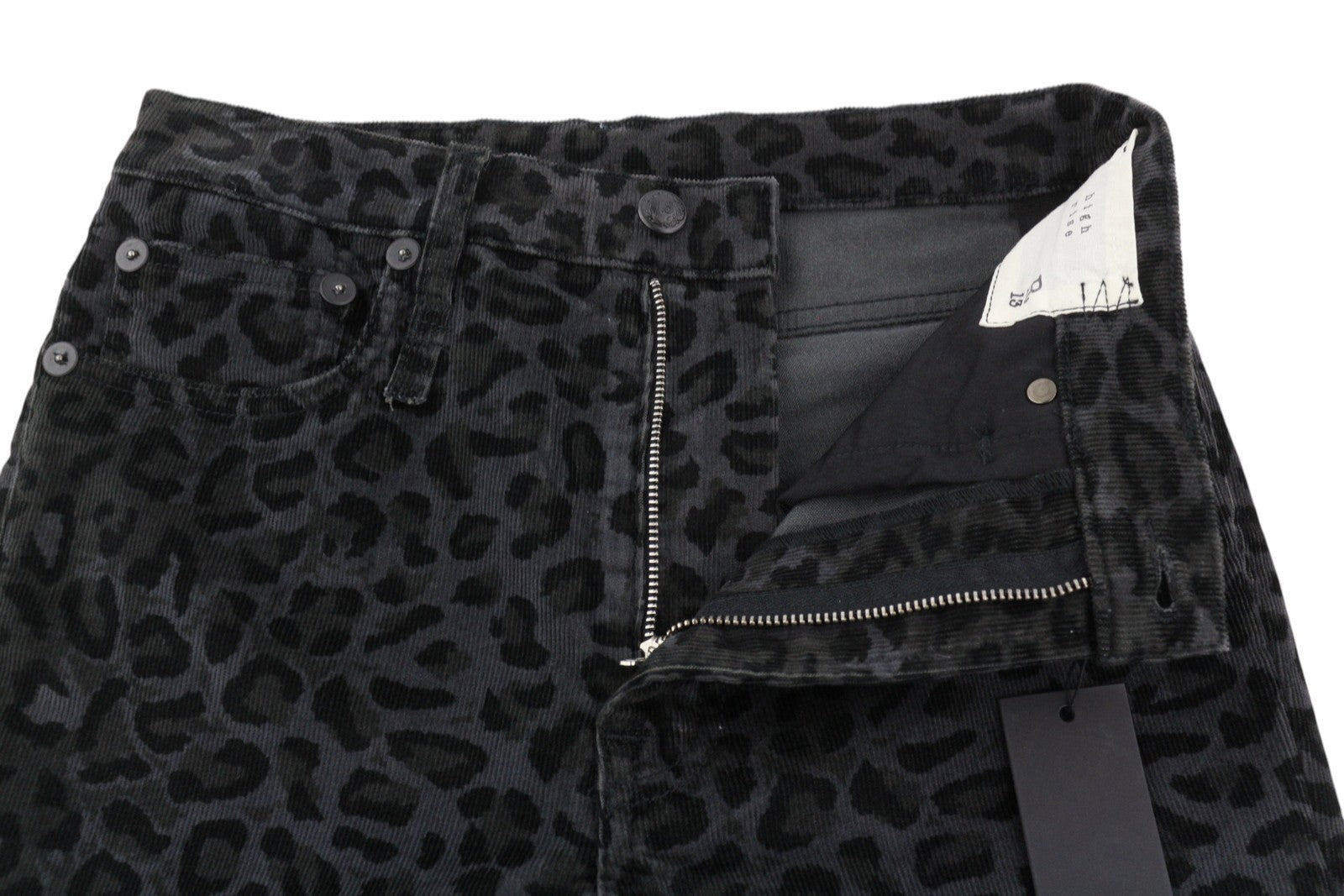 R13 High Rise Skinny Women Trousers 27 Midnight Leopard Corduroy Zip Fly Grey