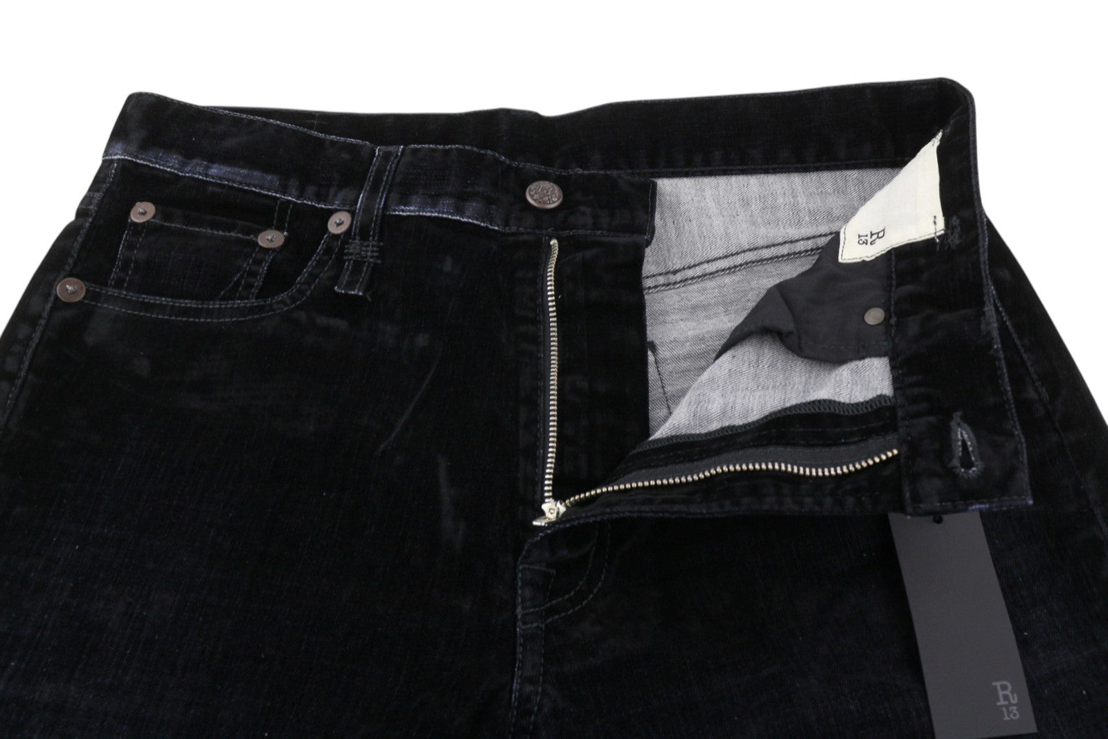 R13 Romeo Women Trousers 29 Flocked Black Velvet Cropped Ankle Straight Zip Fly