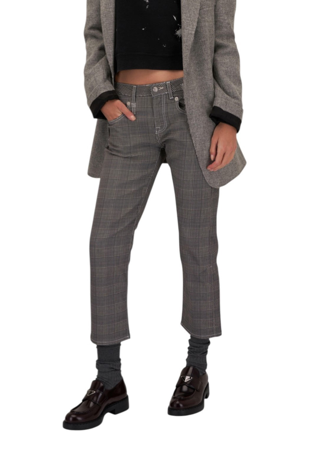 R13 Boy Straight Women Jeans 27 Printed Glen Plaid Cropped Ankle RRP499