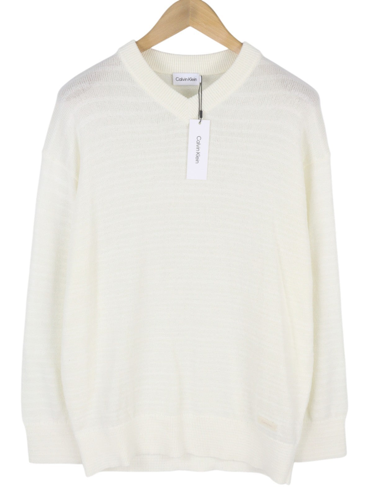 CALVIN KLEIN Tape Yarn Vn Men Jumper 2XL White Textured Knit V Neck Pullover