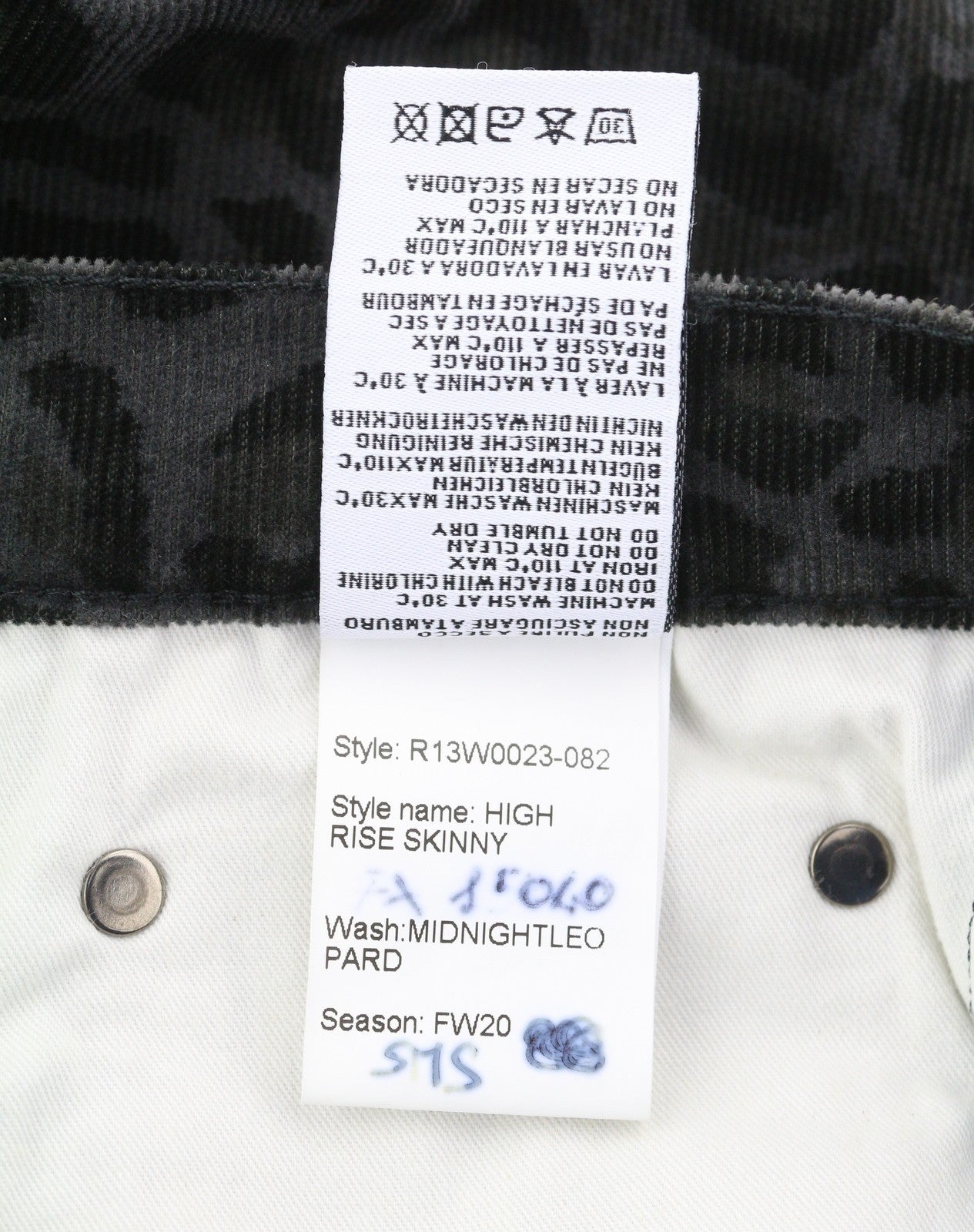 R13 High Rise Skinny Women Trousers 27 Midnight Leopard Corduroy Zipper Grey