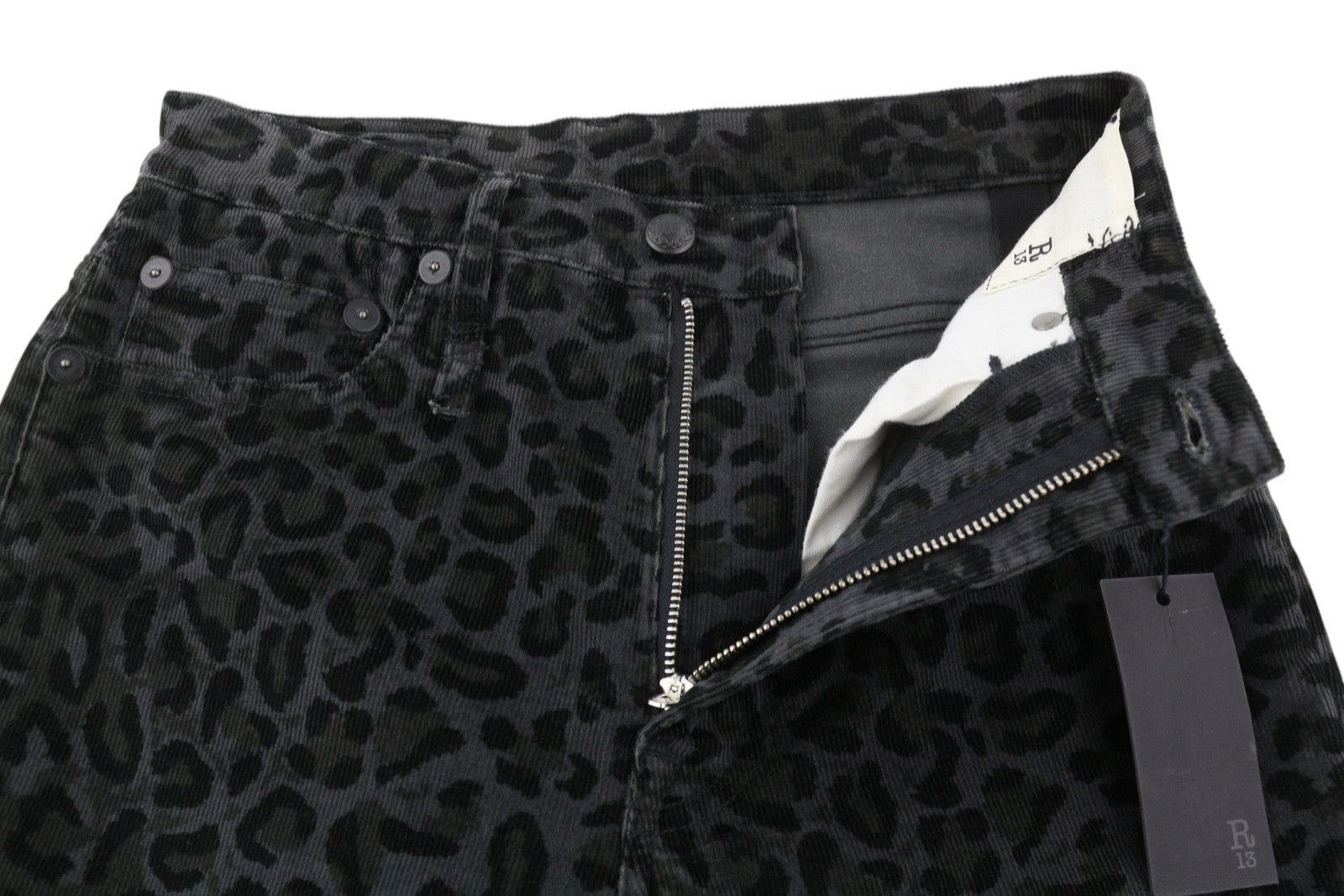 R13 High Rise Skinny Women Trousers 27 Midnight Leopard Corduroy Zipper Grey