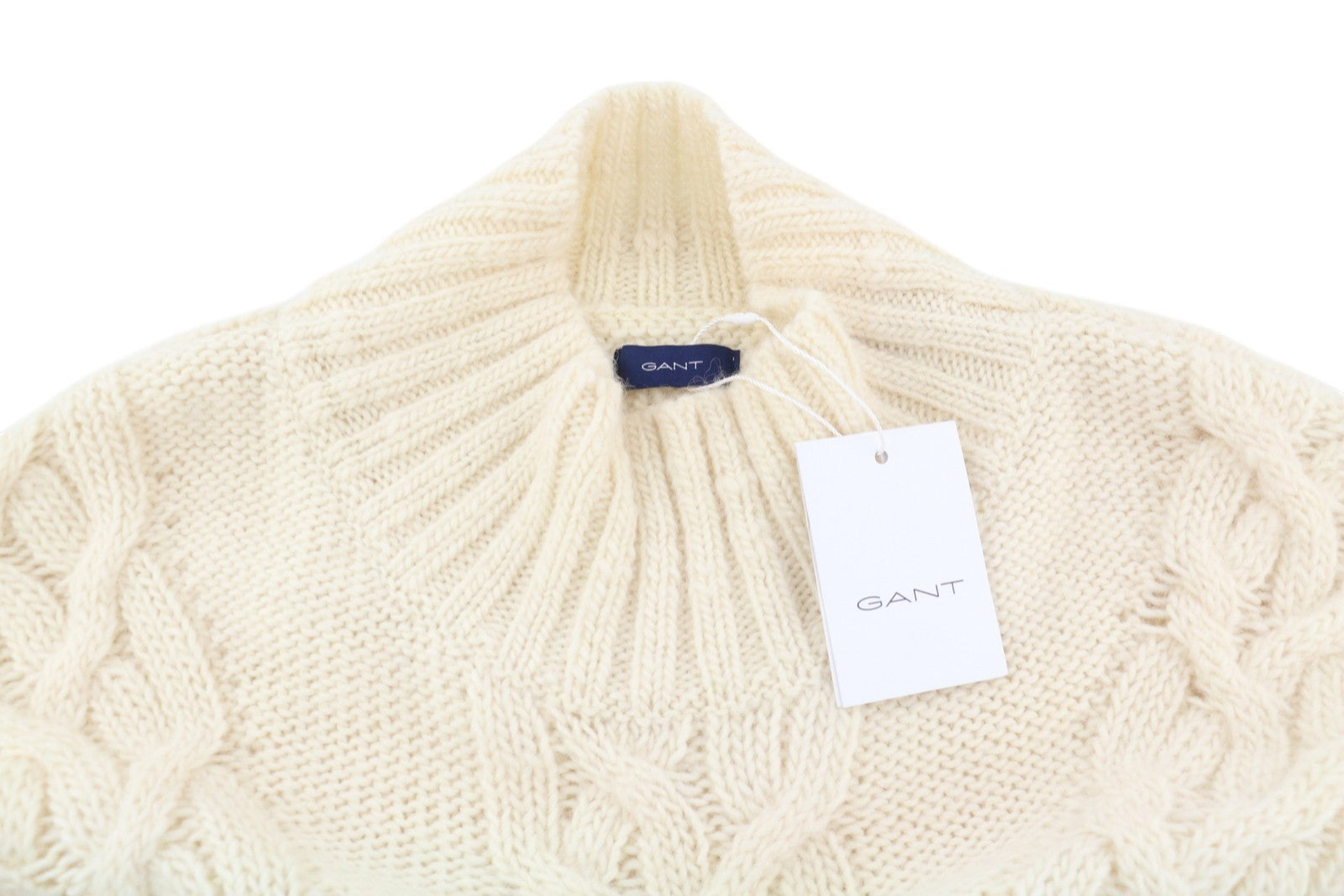 GANT Fringe Cable Turtle Women Jumper L Cream Wool Blend Tight Knit Pullover