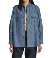 G-STAR Officer BF L/S Women Shirt M Blue Denim Look Linen Blend Button Oversized