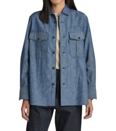 G-STAR Officer BF L/S Women Shirt S Blue Denim Look Linen Blend Button Oversized