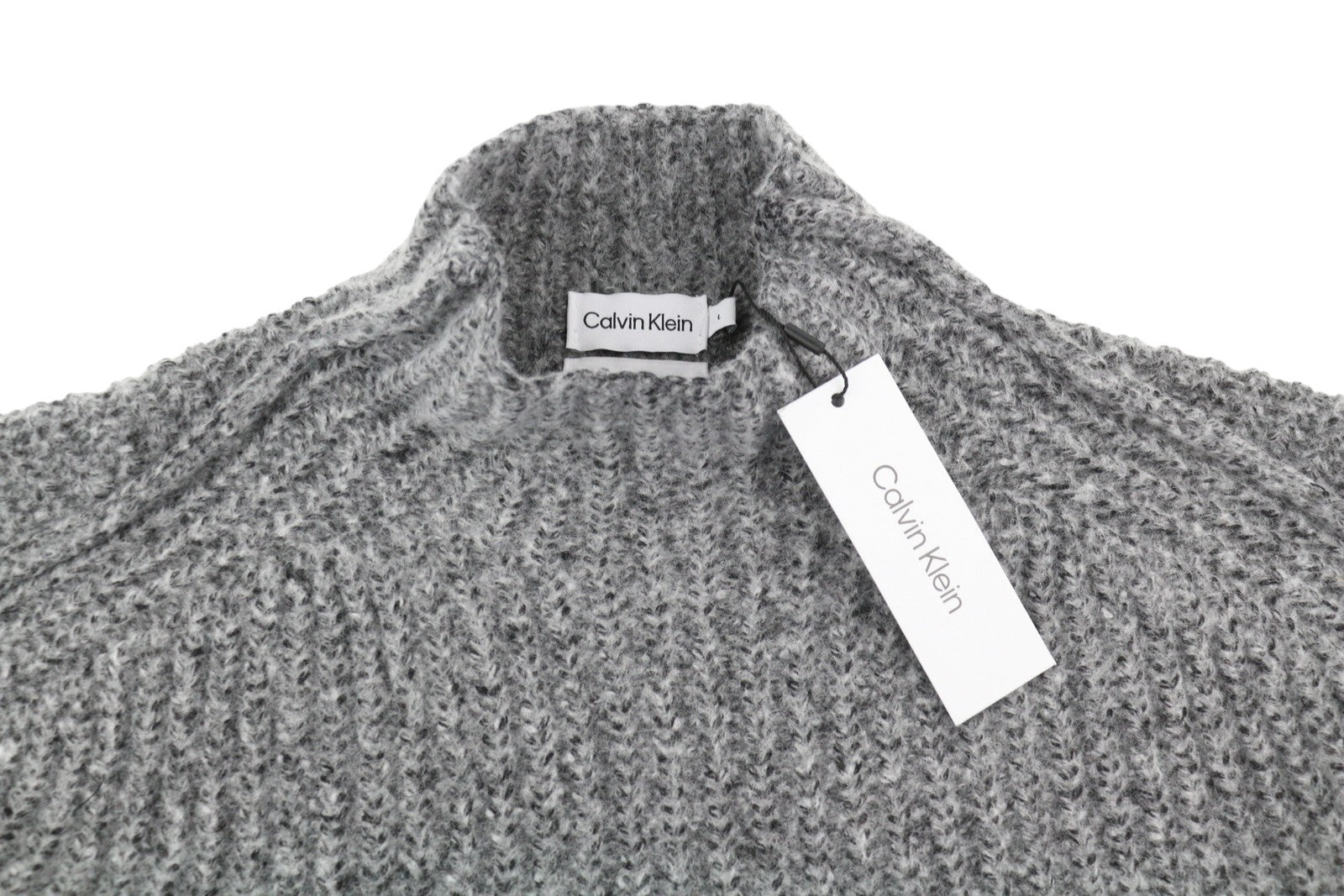 CALVIN KLEIN Men Jumper L Grey Wool Blend Tight Knit Mock Neck Logo Pullover
