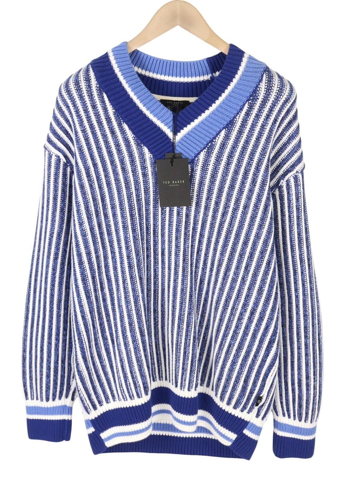 TED BAKER Men Jumper L Blue Patterned V-Neck Tight-Knit Pull On RRP225