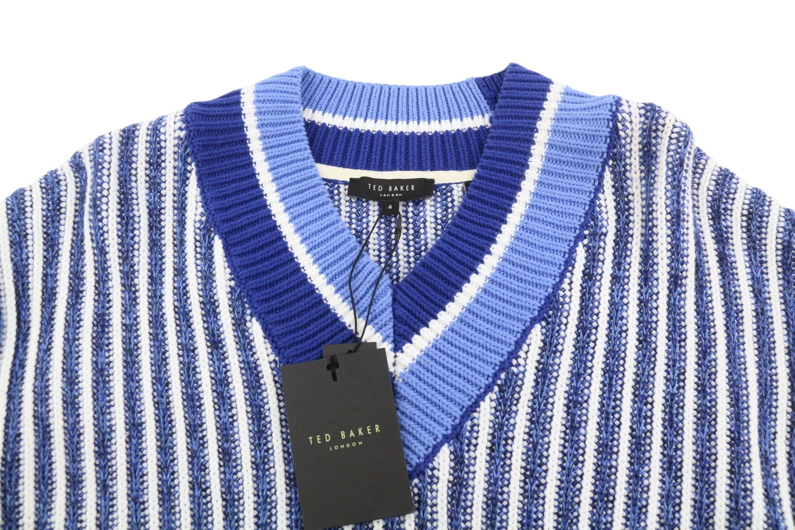 TED BAKER Men Jumper L Blue Patterned V-Neck Tight-Knit Pull On RRP225