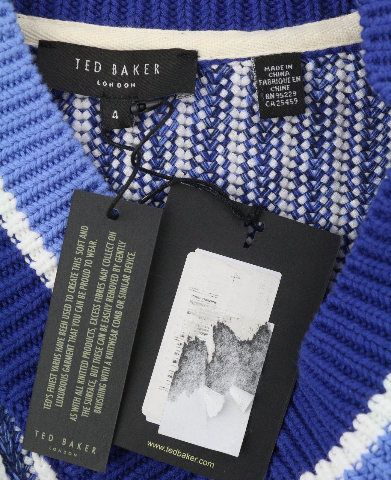 TED BAKER Men Jumper L Blue Patterned V-Neck Tight-Knit Pull On RRP225