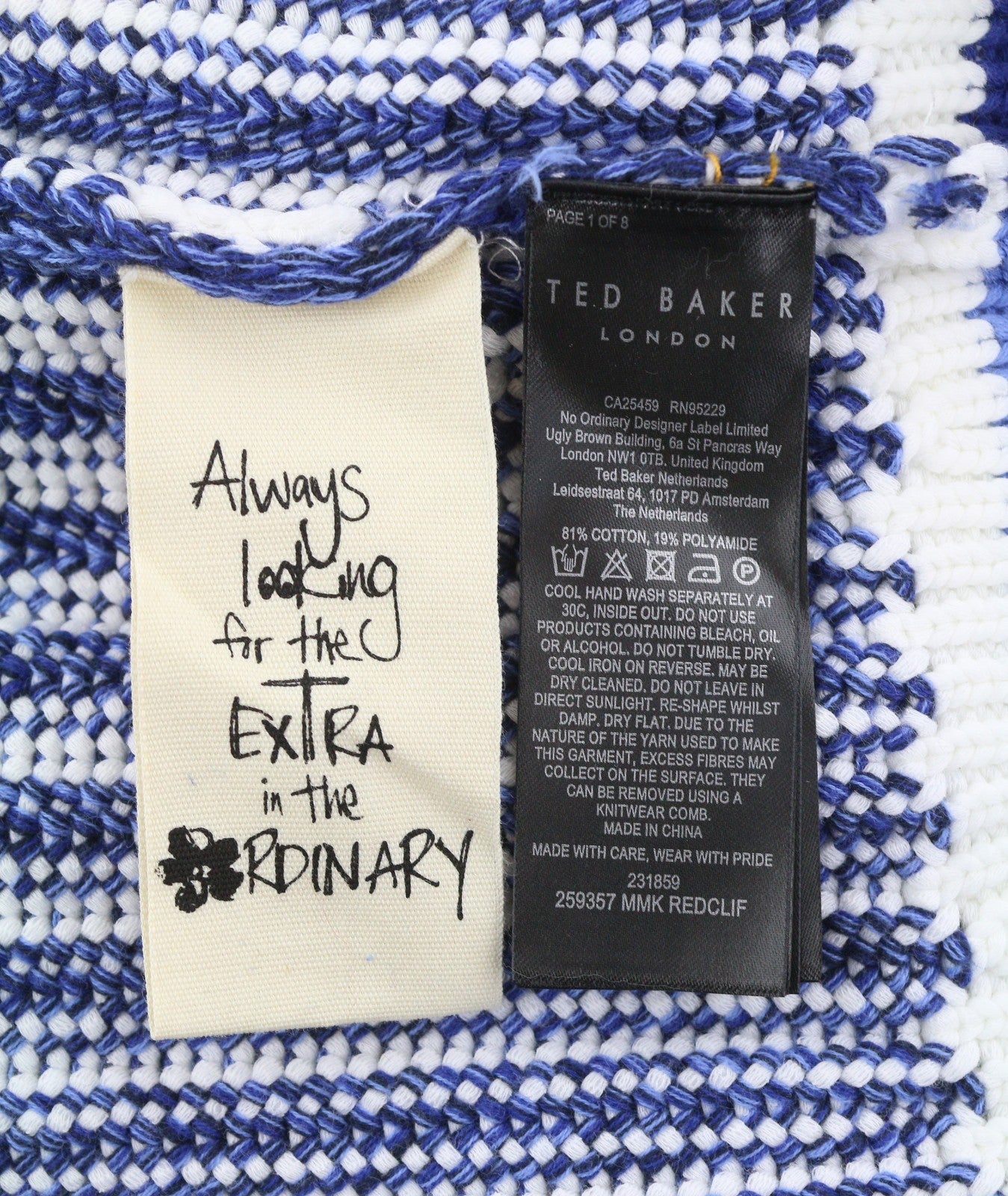 TED BAKER Men Jumper L Blue Patterned V-Neck Tight-Knit Pull On RRP225