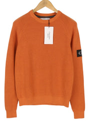 CALVIN KLEIN Badge Easy Men Jumper S Orange Cotton Waffle Knit Crew Pullover