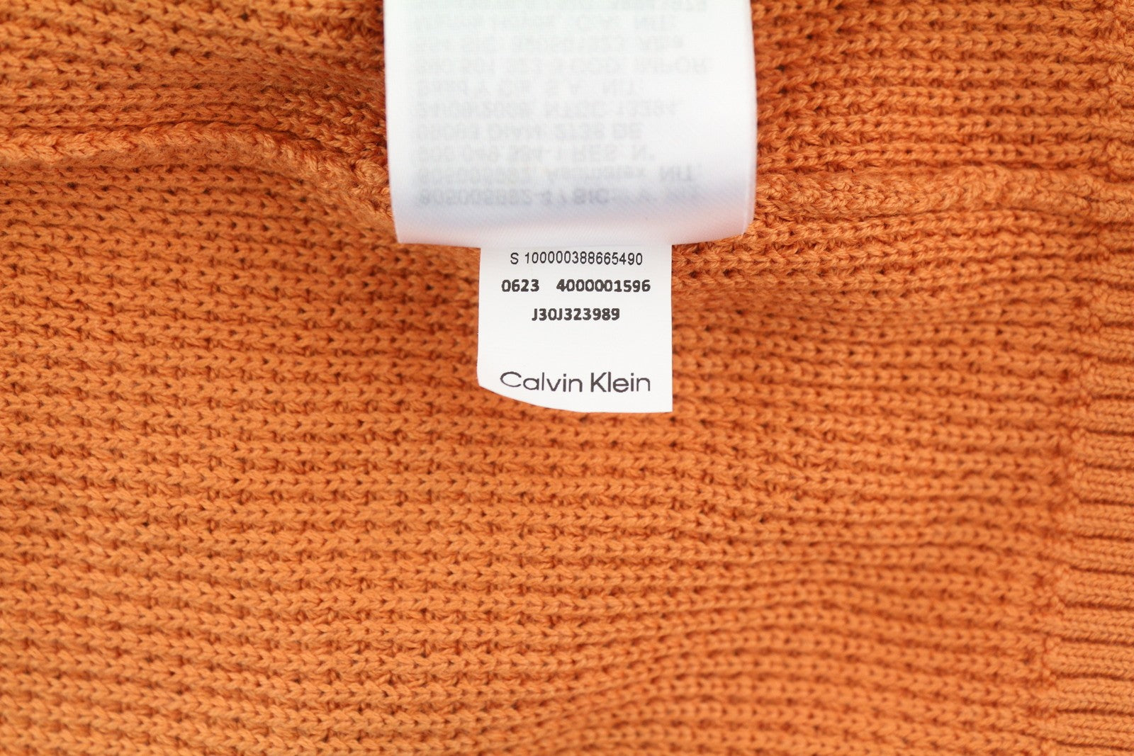CALVIN KLEIN Badge Easy Men Jumper S Orange Cotton Waffle Knit Crew Pullover