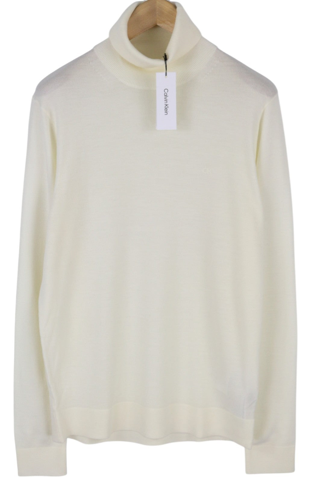 CALVIN KLEIN Merino Rws Turtle Men Jumper L White Knit Logo Pullover RRP129