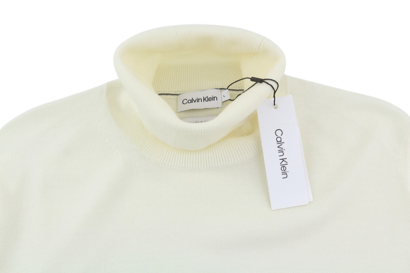 CALVIN KLEIN Merino Rws Turtle Men Jumper L White Knit Logo Pullover RRP129